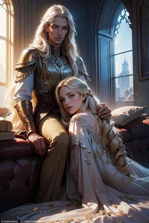 (masterpiece, highest quality, high resolution, 8k, difficulty: 1.2) photorealistic book cover in the genre of epic romantic fantasy, in the center of which a COUPLE (a man and a woman) is depicted. Spring romantic fantasy in the center stands a handsome, tall, statuesque, courageous young man-blond with long white hair, dressed in military uniform and silver armor, he hugs from behind a beautiful, incredibly beautiful young femme fatale with long golden hair, blue eyes, she is a princess, she is sad, proportional, gentle, shimmering, beautiful faces, she does not like him, he is unpleasant to her, daytime bokeh, fairy fairy, mysterious, bright spring color scheme, (Best quality, 8K, high resolution, Masterpiece: 1,2), Ultra-detailed (Realistic, Photorealistic, photorealistic-realistic: 1.37), Artistic design in a creative style, Historical, Classic, refined, many colors, High detail, soft lighting, luxurious furnishings, dress with details, bright flowers, exquisite jewelry, Unearthly atmosphere, Elegant pose, Graceful curves, Golden body proportions, Loose hair, Breathtaking textile patterns, Piercing blue eyes, Delicate floral decor, Dazzling set of crystal accessories, Mysterious and dreamy atmosphere, Impeccable attention to detail. detailed eyes, beautiful face, smoky eyes.