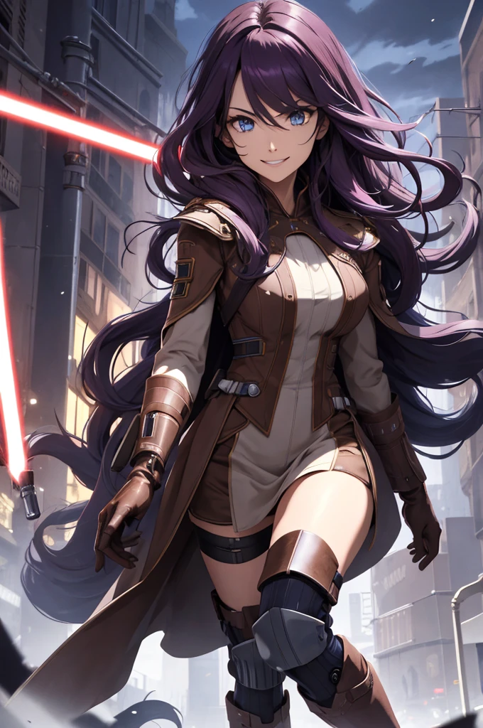 (absurdres, highres, ultra detailed), 1woman, mature female, wavy long hair, dark purple hair, blue eyes, pink skin, bangs, long sleeves, detailed eyes, detailed hands, extremely detailed, brown gloves, high boots, brown robe, looking at viewer, solo, full body shot, detailed background, detailed face, cyber theme, wind swirling, city background, yewllow lightsaber, future tech, sexy facial expression (Smile with eyes),
