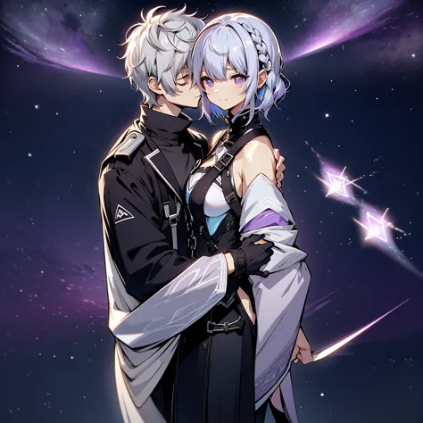 man and woman couple、the boy has short hair with a gradient of white and blue、couple looking at each other and kissing、masterpie...