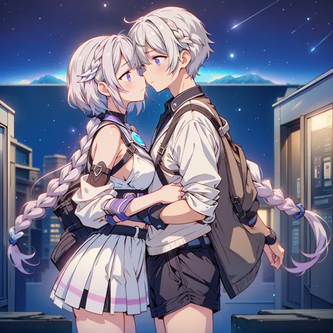 man and woman couple、the boy has short hair with a gradient of white and blue、couple looking at each other and kissing、masterpie...