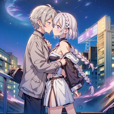 man and woman couple、the boy has short hair with a gradient of white and blue、couple looking at each other and kissing、masterpie...