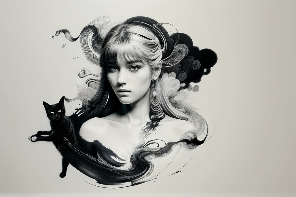 a girl with cat, Ink style painting, Ink Style Figure, warm atmosphere, minimalism, monochrome, Grayscale, clear lines, (best quality, masterpiece, Representative work, official art, Professional, Ultra high detail, 8k), (mybeauties, detailed, wabstyle)