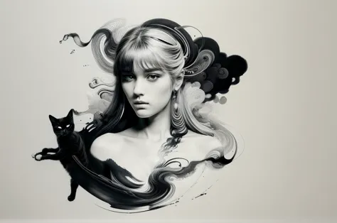 a girl with cat, Ink style painting, Ink Style Figure, warm atmosphere, minimalism, monochrome, Grayscale, clear lines, (best qu...