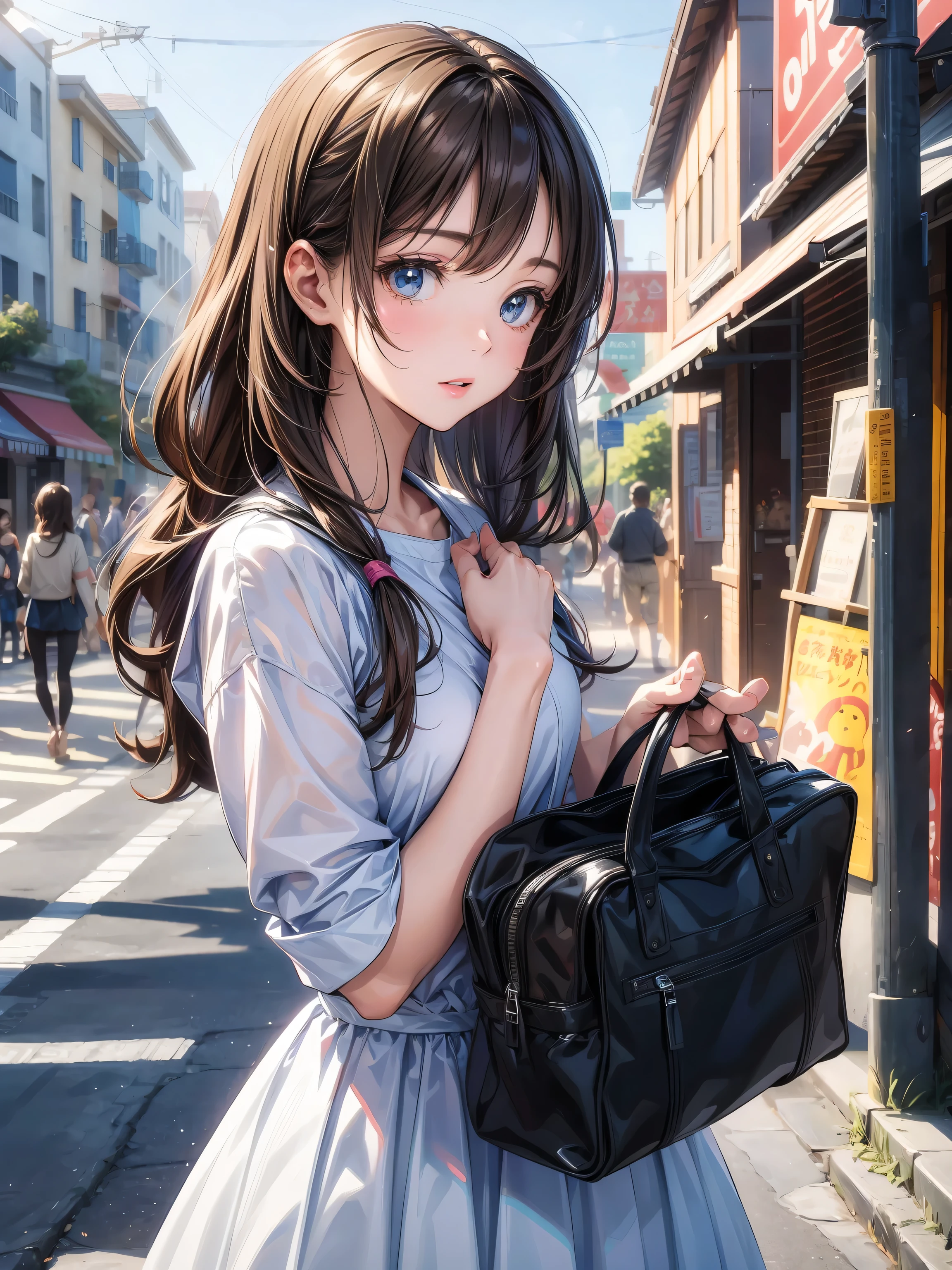 (mejor calidad:0.8),, (mejor calidad:0.8), perfecta ilustración de anime, Retrato de cerca de una hermosa mujer caminando por la ciudad