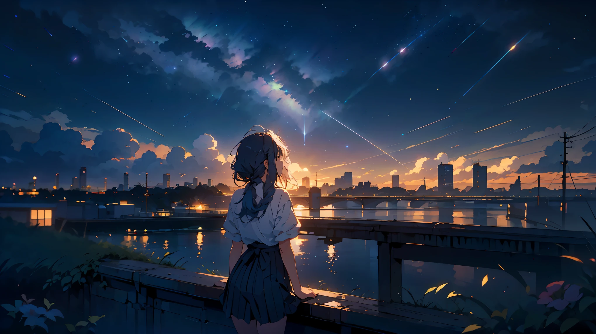 Starry Sky, A girl thinking about space, fluffy, Realistic, Airglow refraction, Nikon D850 film stock photos、Photo by Lee Jeffries ,Beautiful anime scenery, City, From the back、