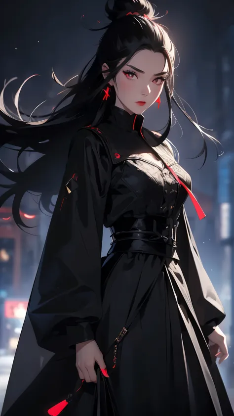 (girl1,triangle face,red eyes),(black hair,top knot hairstyle),(black coat,long black skirt,street in city,night,neon),very deta...