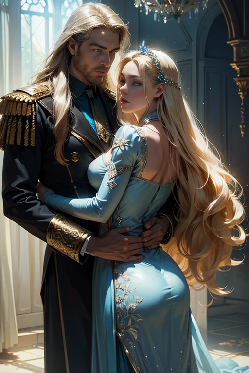 (masterpiece, highest quality, high resolution, 8k, difficulty: 1.2) photorealistic book cover in the genre of epic romantic fantasy, in the center of which a COUPLE (a man and a woman) is depicted. Spring romantic fantasy in the center stands a handsome, tall, statuesque, courageous young man-blond with long white hair, dressed in military uniform and silver armor, he hugs from behind a beautiful, incredibly beautiful young femme fatale with long golden hair, blue eyes, she is a princess, she is sad, proportional, gentle, shimmering, beautiful faces, she does not like him, he is unpleasant to her, daytime bokeh, fairy fairy, mysterious, bright spring color scheme, (Best quality, 8K, high resolution, Masterpiece: 1,2), Ultra-detailed (Realistic, Photorealistic, photorealistic-realistic: 1.37), Artistic design in a creative style, Historical, Classic, refined, many colors, High detail, soft lighting, luxurious furnishings, dress with details, bright flowers, exquisite jewelry, Unearthly atmosphere, Elegant pose, Graceful curves, Golden body proportions, Loose hair, Breathtaking textile patterns, Piercing blue eyes, Delicate floral decor, Dazzling set of crystal accessories, Mysterious and dreamy atmosphere, Impeccable attention to detail. detailed eyes, beautiful face.