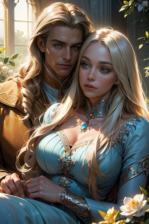 (masterpiece, highest quality, high resolution, 8k, difficulty: 1.2) photorealistic book cover in the genre of epic romantic fantasy, in the center of which a COUPLE (a man and a woman) is depicted. Spring romantic fantasy in the center stands a handsome, tall, statuesque, courageous young man-blond with long white hair, dressed in military uniform and silver armor, he hugs from behind a beautiful, incredibly beautiful young femme fatale with long golden hair, blue eyes, she is a princess, she is sad, proportional, gentle, shimmering, beautiful faces, she does not like him, he is unpleasant to her, daytime bokeh, fairy fairy, mysterious, bright spring color scheme, (Best quality, 8K, high resolution, Masterpiece: 1,2), Ultra-detailed (Realistic, Photorealistic, photorealistic-realistic: 1.37), Artistic design in a creative style, Historical, Classic, refined, many colors, High detail, soft lighting, luxurious furnishings, dress with details, bright flowers, exquisite jewelry, Unearthly atmosphere, Elegant pose, Graceful curves, Golden body proportions, Loose hair, Breathtaking textile patterns, Piercing blue eyes, Delicate floral decor, Dazzling set of crystal accessories, Mysterious and dreamy atmosphere, Impeccable attention to detail. detailed eyes, beautiful face.