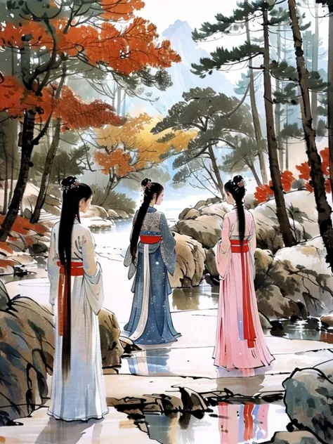 masterpiece,best quality,color ink painting, multiple girls, tree, outdoor, black hair, hair bun, rock, long hair, 2 girls, refl...