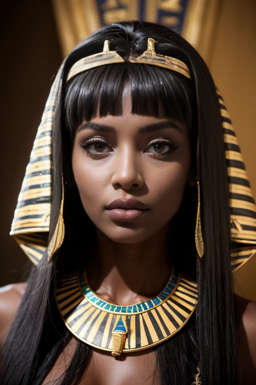 Visage femme noire peau très sombre goddess du Soudan avec tatouages or fin((dressed in pharaoh&#39;s tunic))