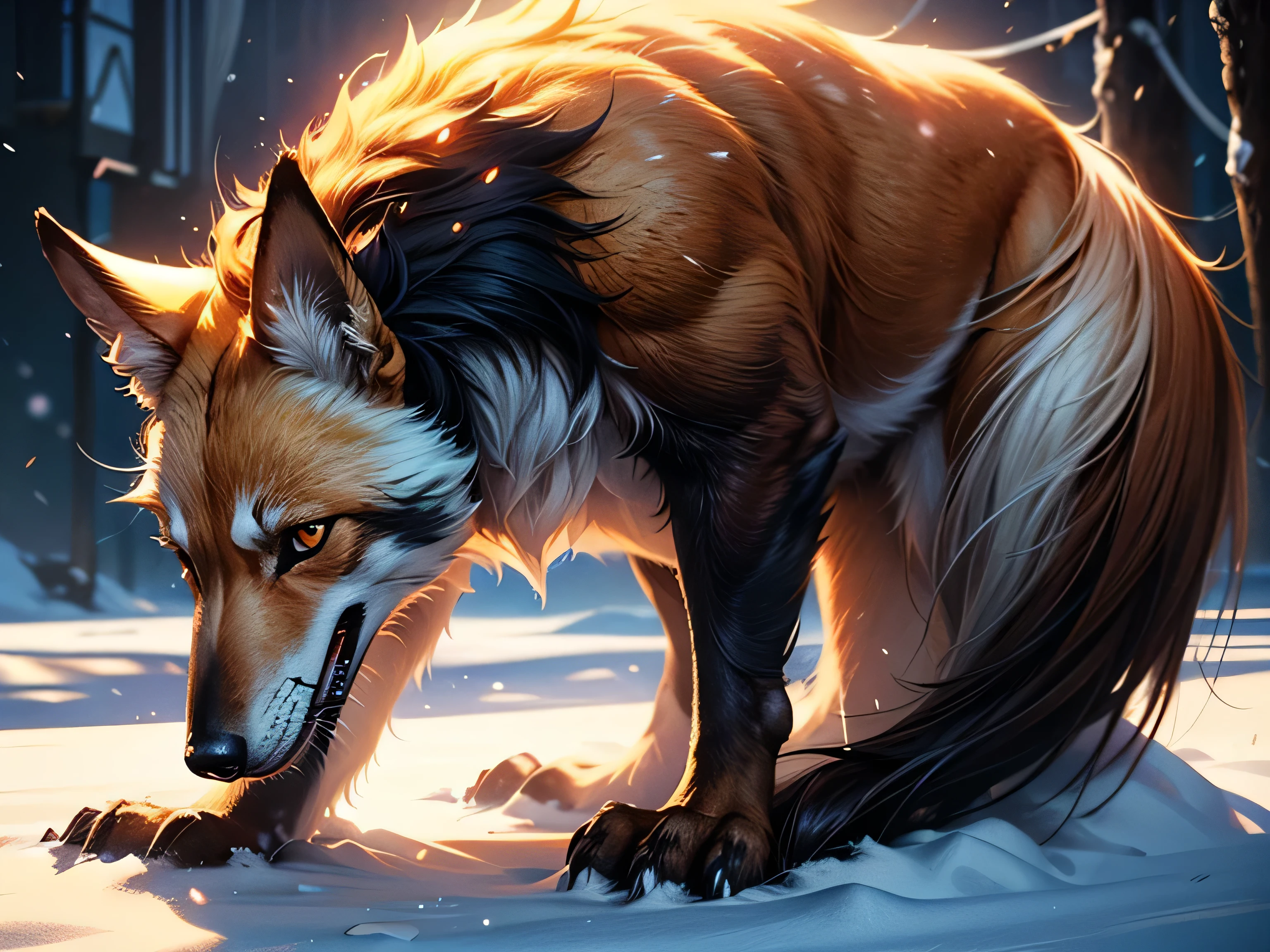 (Best Quality, 8K, Masterpiece, HDR, Soft Lighting, Picture Perfect, Realistic, Vivid), Black Haired Fox Guy and Little Fox Lying on the Snow, Handsome Kitsune, Anime Illustration, Beautiful Illustration, Exquisite Digital Illustrations, Realistic Digital Anime art, realistic digital anime art, (ultra high quality fantasy art), masterpiece, ultra high quality male character designs, anime art with 8k development, realistic anime art, highest quality wallpaper illustrations, complex ultra high quality accurate male characters faces, high quality design and accurate physics (super-high-quality fantasy style)), art, dark fantasy)) Style), masterpieces, super-high-quality characters, anime resolution - 8K, realistic anime art, wallpapers with the highest quality illustrations, ultra-high detail of faces, high-quality design and physics precision), color, depth of field, shadows, ray tracing, production of high quality computer wallpapers and 8K resolution, (Accurate simulation of the interaction of light and materials)], [Highly detailed hair [More about beautiful and shiny red hair]], (Beautifully detailed hands [perfect fingers [Perfect nails]], (perfect anatomy (perfect proportions)))) [[Full length]], [Perfect combination of colors (Accurate imitation of the interaction of light and material)], [art that conveys the meaning of the story]