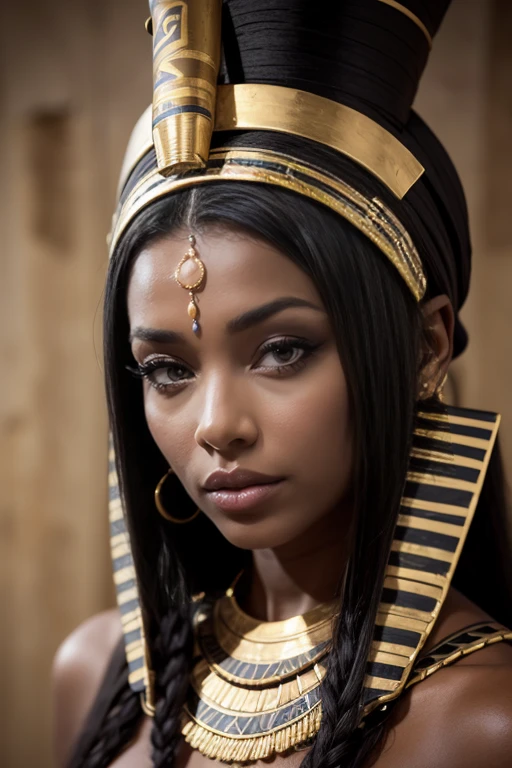 Visage femme noire peau très sombre goddess du Soudan avec tatouages or fin((habillé en pharaon&#39;la tunique)) visage tatouages avec de l'or fin