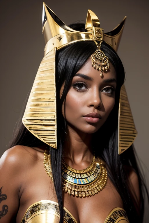 وجه امرأة سوداء، إلهة ذات بشرة داكنة جدًا من السودان مع وشم ذهبي ناعم((يرتدي فرعون&#39;سترة))((يتم تغطية الثديين))