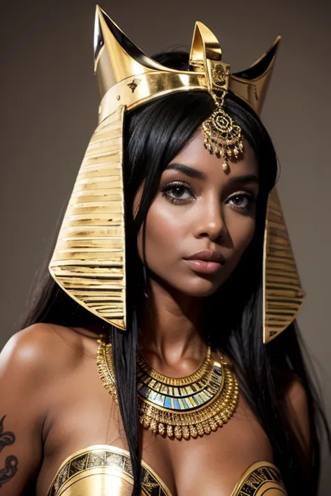 Visage femme noire peau très sombre goddess du Soudan avec tatouages or fin((dressed in pharaoh&#39;s tunic))((les seins sont co...