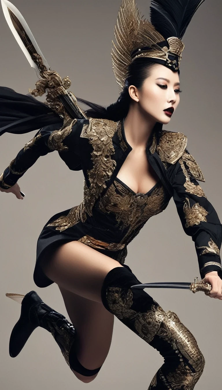 Female warrior jumping and running，(Wearing avant-garde and elegant tight combat uniform：1.3），Knife flying in the airing gun，，Serge Lutens is known for his avant-garde elegance。His works continue to transcend the boundaries of traditional aesthetics，Combining elements of surrealism and futurism，While maintaining elegance。This unique combination makes his work both sophisticated and provocative.，Colors include rich dark tones，black、golden and silver colors，And use bright embellishment colors to enhance the visual impact，Visual effect
