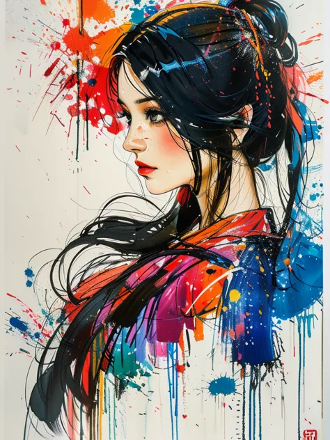 masterpiece, best quality, color ink painting, 男性contour，athlete，dynamic姿势，contour，graffiti，ink splatter，bold colors，dynamic，col...