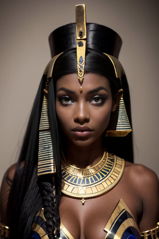 아름다운 금 문신을 한 수단 출신의 매우 어두운 피부 여신의 흑인 여성의 얼굴((파라오 옷을 입고&#39;튜닉)) 순금으로 얼굴 문신