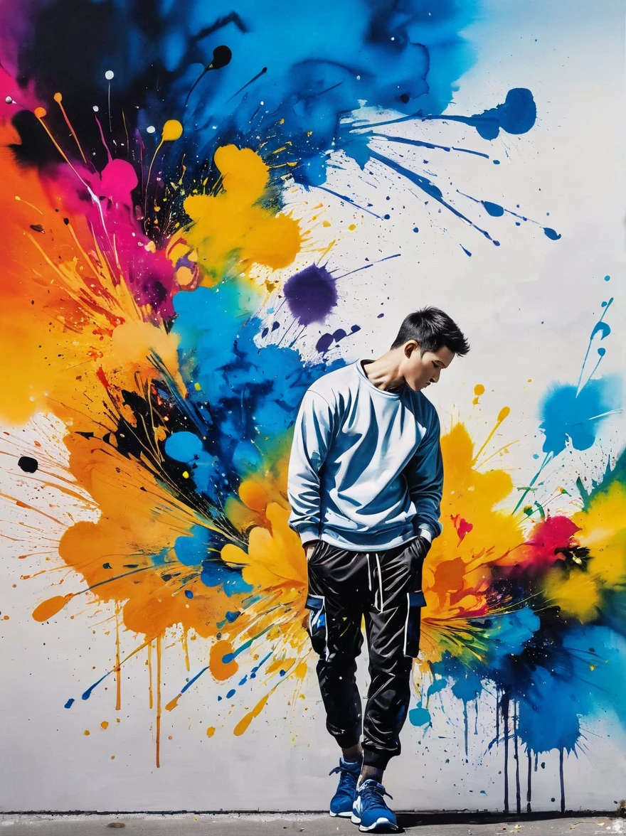 masterpiece, best quality, Color ink painting, Male contour，athlete，Dynamic posture，contour，Graffiti，ink splatter，Bold Colors，dynamic，Colorful，Abstract Painting，Look closely，Like a person，artwork，mystery，design，colorful inkpainting