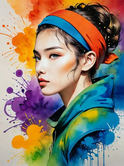 masterpiece, best quality, Color ink painting, 男性contour，athlete，dynamic姿势，contour，Graffiti，Ink splatter，Bold Colors，dynamic，Col...