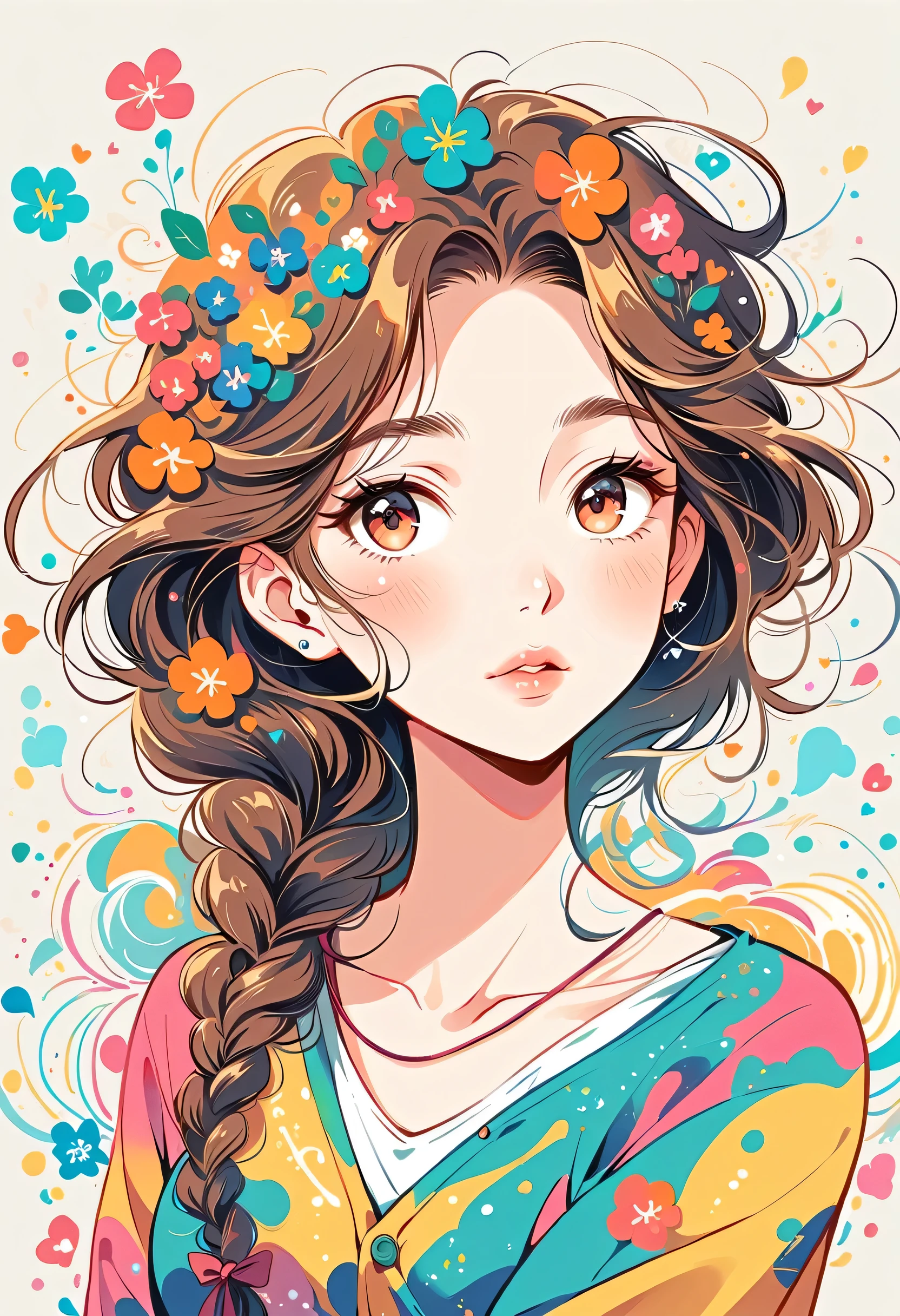 Estilo Mai Yoneyama、La chica más bella de todos los tiempos.、Labios enamorados、Flores coloridas、Iniciales de línea simples、Arte abstracto、Fondo urbano