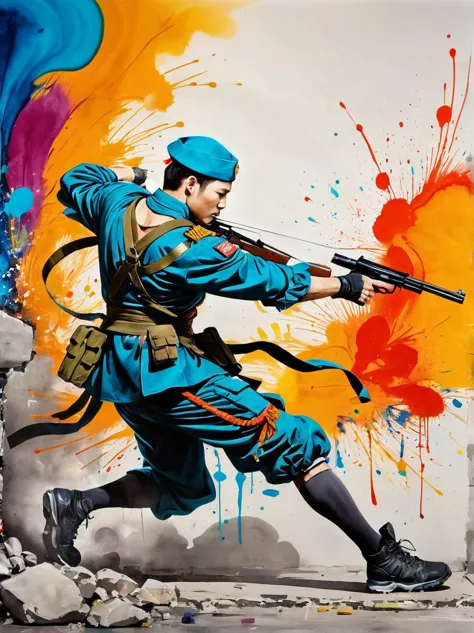 masterpiece, best quality, Color ink painting, 男性contour，Armed combatants，Combat tights，dynamic姿势，contour，Graffiti splashes，Bold...
