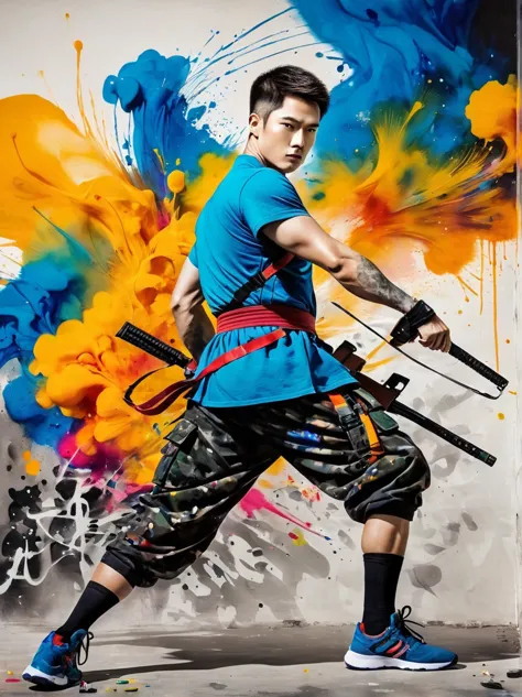 masterpiece, best quality, Color ink painting, 男性contour，Armed combatants，Combat tights，dynamic姿势，contour，Graffiti splashes，Bold...