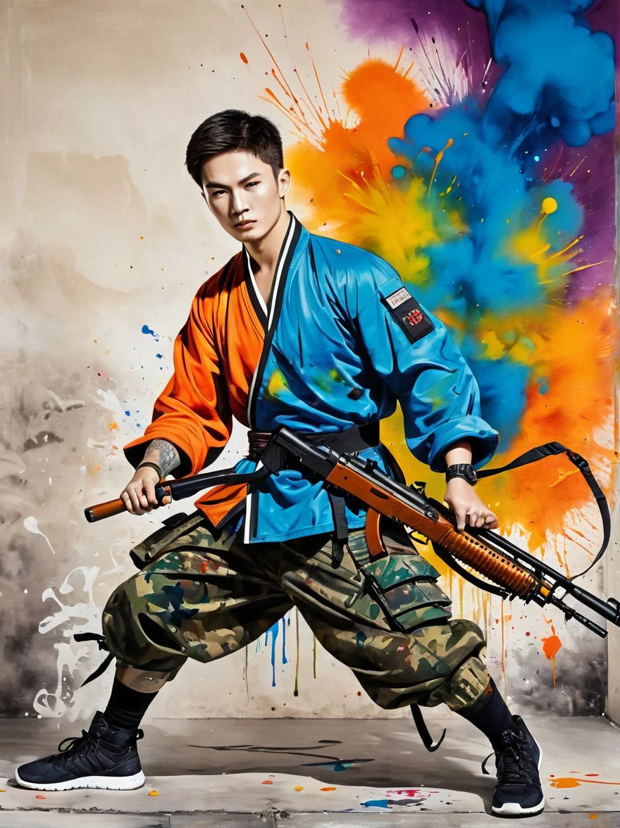 masterpiece, best quality, Color ink painting, 男性contour，Armed combatants，Combat tights，dynamic姿势，contour，Graffiti splashes，Bold Colors，dynamic，Colorful，Abstract Painting，Look closely，Like a person，artwork，mystery，design，colorful inkpainting