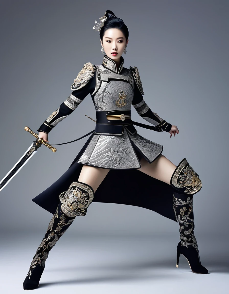 The female warrior is jumping and running with a big sword，(Wearing avant-garde and elegant tight combat uniform：1.3），（The Qinglong Yanyue Sword flying in the air），Serge Lutens is known for his avant-garde elegance。His works continue to transcend the boundaries of traditional aesthetics，Combining elements of surrealism and futurism，While maintaining elegance。This unique combination makes his work both sophisticated and provocative.，The color palette often includes rich, dark tones，como preto、golden and silver colors，And use bright embellishment colors to enhance the visual impact。These choices not only enhance the visual effect of the work，It also conveys emotional resonance，Draw the audience into his narrative world。