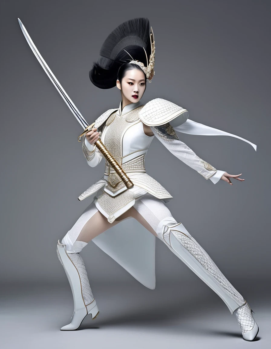 The female warrior is jumping and running with a big sword，(Wearing avant-garde and elegant tight combat uniform：1.3），（The Qinglong Yanyue Sword flying in the air），Serge Lutens is known for his avant-garde elegance。His works continue to transcend the boundaries of traditional aesthetics，Combining elements of surrealism and futurism，While maintaining elegance。This unique combination makes his work both sophisticated and provocative.，The color palette often includes rich, dark tones，como preto、golden and silver colors，And use bright embellishment colors to enhance the visual impact。These choices not only enhance the visual effect of the work，It also conveys emotional resonance，Draw the audience into his narrative world。