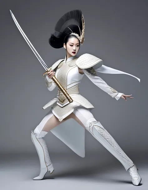 The female warrior is jumping and running with a big sword，(Wearing avant-garde and elegant tight combat uniform：1.3），（The Qingl...