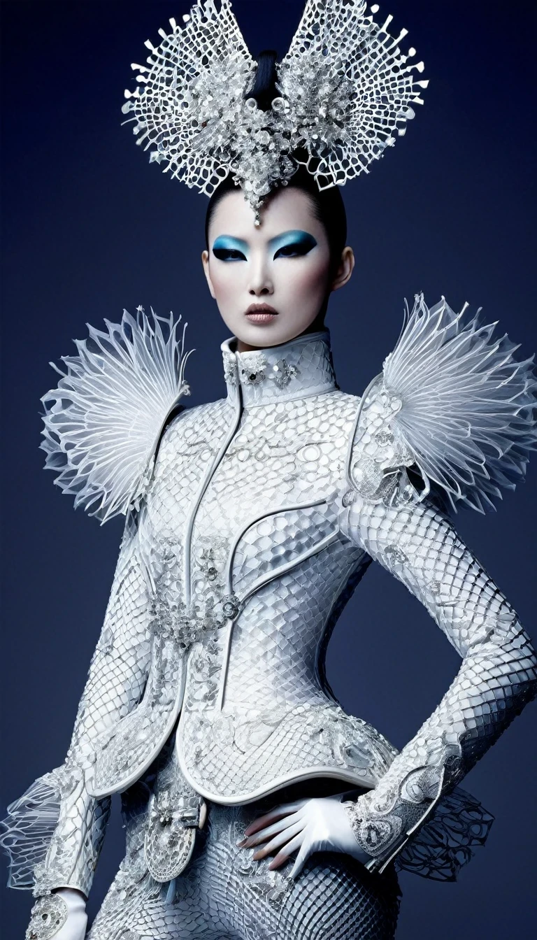 (Avant-garde and elegant tight combat suit design：1.3），Female Warrior，Serge Lutens is known for his avant-garde elegance。His works continue to transcend the boundaries of traditional aesthetics，Combining elements of surrealism and futurism，While maintaining elegance。This unique combination makes his work both sophisticated and provocative.，Redefining the understanding of beauty and art。