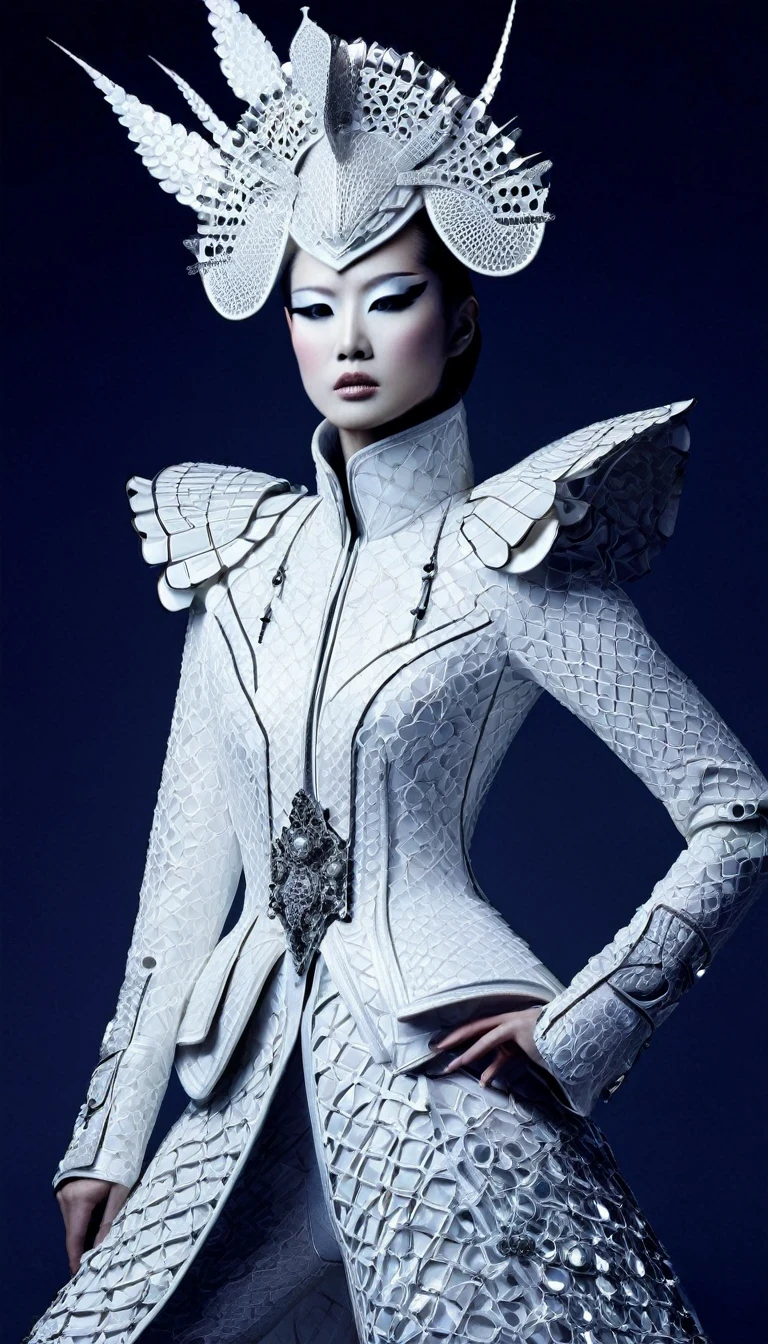 Avant-garde and elegant tight combat suit，Female Warrior，Serge Lutens is known for his avant-garde elegance。His works continue to transcend the boundaries of traditional aesthetics，Combining elements of surrealism and futurism，While maintaining elegance。This unique combination makes his work both sophisticated and provocative.，Redefining the understanding of beauty and art。