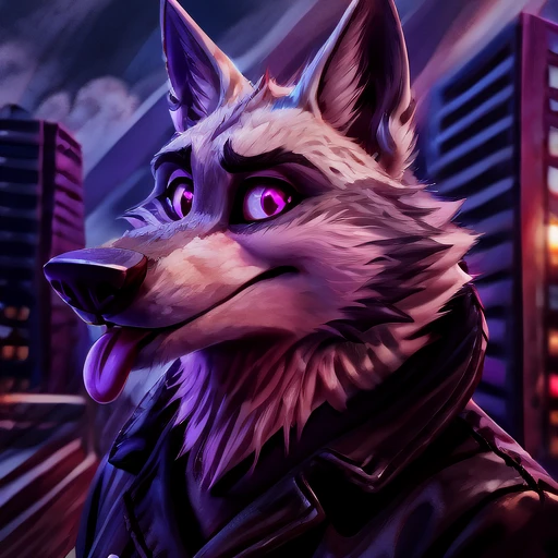 Vortex hellhound, wolf, furry, helluva boss, wearing a (leather jacket), solo, wolf, white fur, tongue out, hypnotized with completely spyral glowing purple eyes with no irises or pupils, BREAK, city background, (intricate, high detail, soft focus, RAW candid cinema, photorealism, realistic, photorealistic, analog style, subsurface scattering, masterpiece, best quality, ultra realistic, 8k), profile picture, full body image