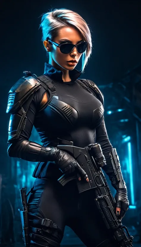 a beautiful fit female warrior holding a gun, Very short hair，wearing a tight-fitting black combat stealth suit, comfortable and...