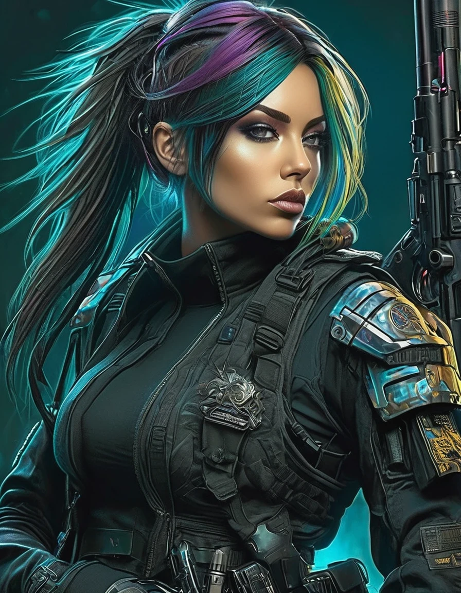 Beautiful soldier with gun，Tight combat clothing，Cyberpunk，Gothic，in style of Amanda Sage