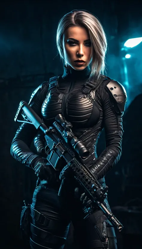 a beautiful fit female warrior holding a gun, wearing a tight-fitting black combat stealth suit, comfortable and stretchy nylon ...