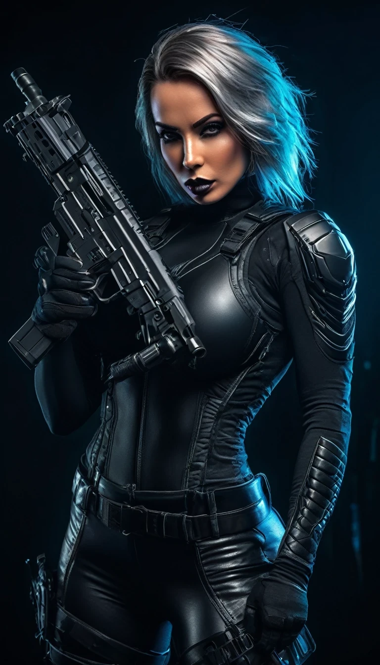 a beautiful fit female warrior holding a gun, wearing a tight-fitting black combat stealth suit, comfortable and stretchy nylon fabric, cyberpunk, gothic style, in the style of Amanda Sage, sunglasses, helmet, (best quality,4k,8k,highres,masterpiece:1.2),ultra-detailed,(realistic,photorealistic,photo-realistic:1.37),hyperdetailed skin, extremely detailed eyes and face, beautiful detailed lips, longeyelashes, muscular athletic body, action pose, dramatic lighting, deep shadows, neon lights, moody atmosphere, dark color palette