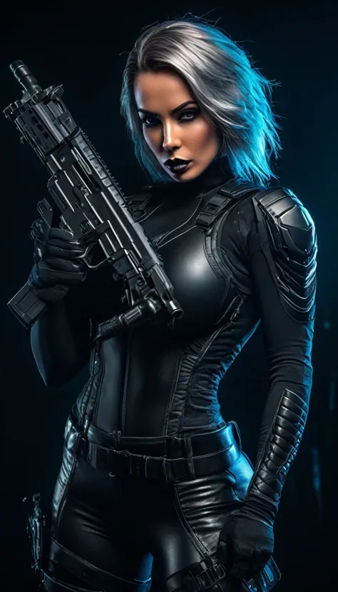 a beautiful fit female warrior holding a gun, wearing a tight-fitting black combat stealth suit, comfortable and stretchy nylon ...