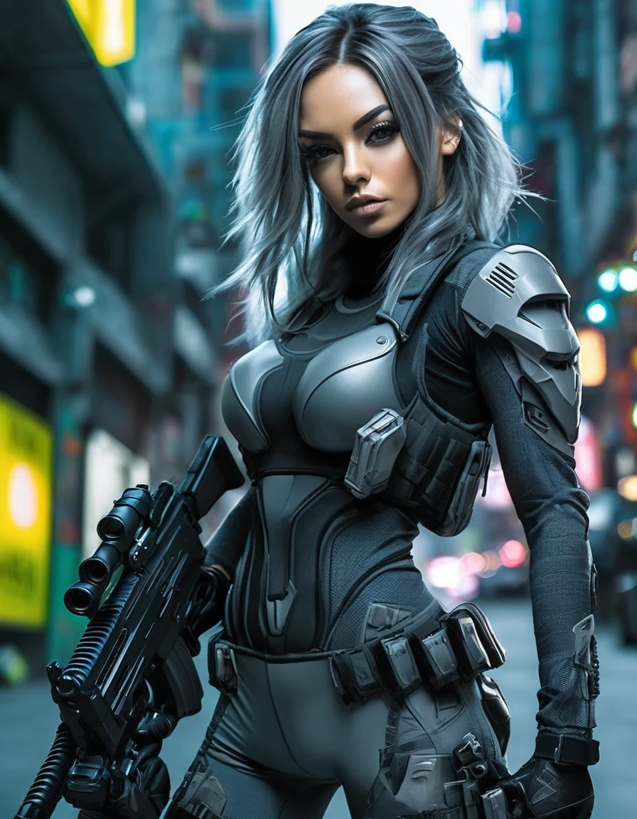 Beautiful soldier with gun，Fitness，Wearing tight grey combat night suit，Combat uniforms are tight and comfortable，Cyberpunk，Gothic，in style of Amanda Sage