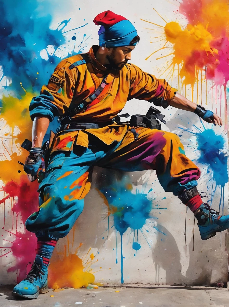 obra de arte, melhor qualidade, Pintura com tinta colorida, contorno masculino，combatentes armados，Meias de combate，Dinâmico姿势，contour，Salpicos de graffiti，cores fortes，Dinâmico，colorida，Pintura abstrata，Olhe atentamente，Como uma pessoa，obra de arte，Mistério，projeto，pintura colorida