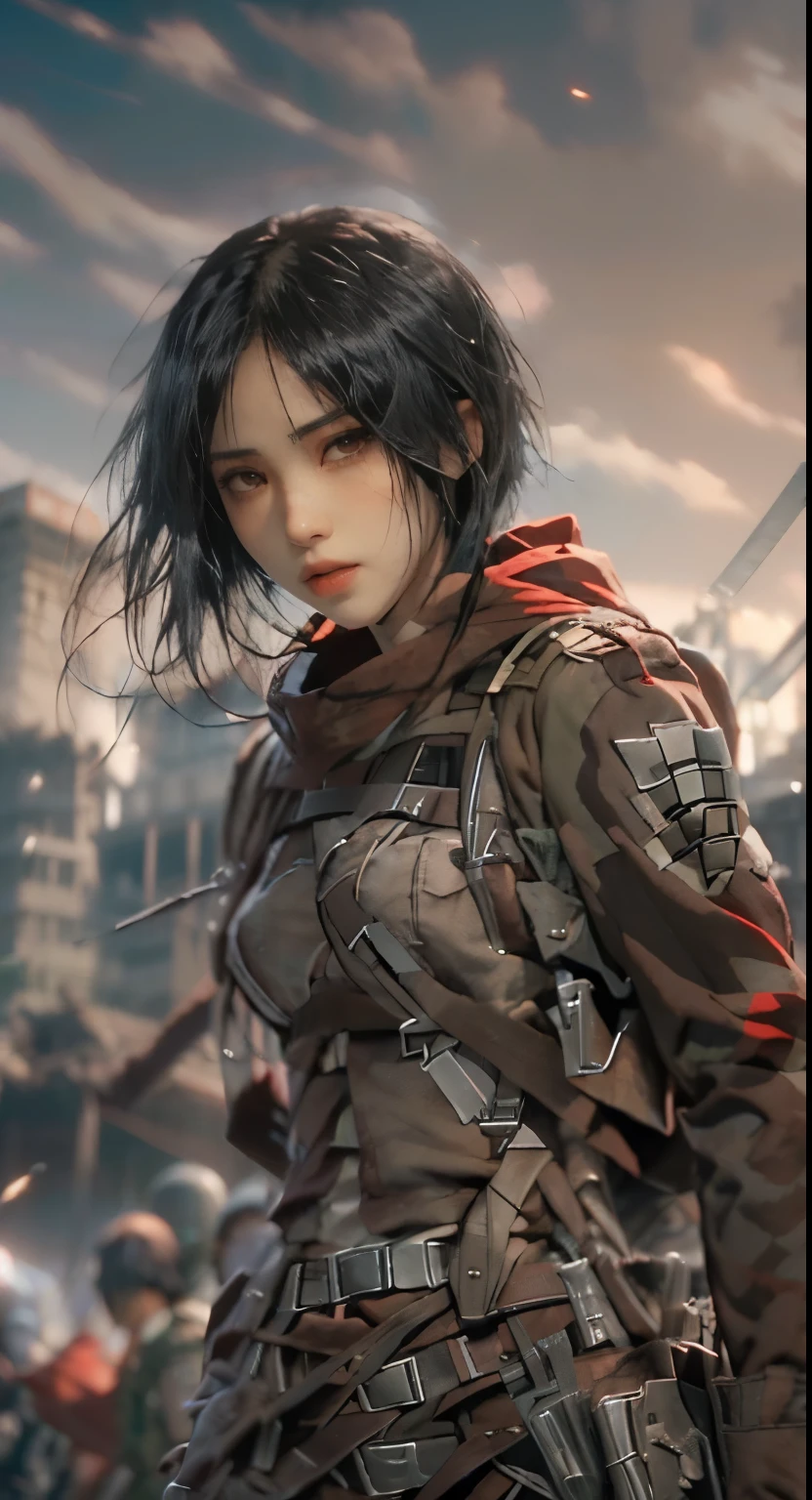 Primer plano de un hombre sosteniendo una espada en un campo., Mikasa Ackerman, from Ataque en Titan, Ataque en Titan covert art, in Ataque en Titan, Ataque en Titan anime style, Ataque en Titans, Ataque en Titan, (Ataque en Titans anime), shingeki no kyojin, Es dificil, barack obama in Ataque en Titan，Ataque en Titanヒロイン Mikasa Ackerman，短いpelo negro，cabello corto，Warrior combat uniform，pelo negro，cabello corto