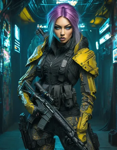 beautiful soldier with gun，tight combat clothing，cyberpunk，gothic，in style of amanda sage