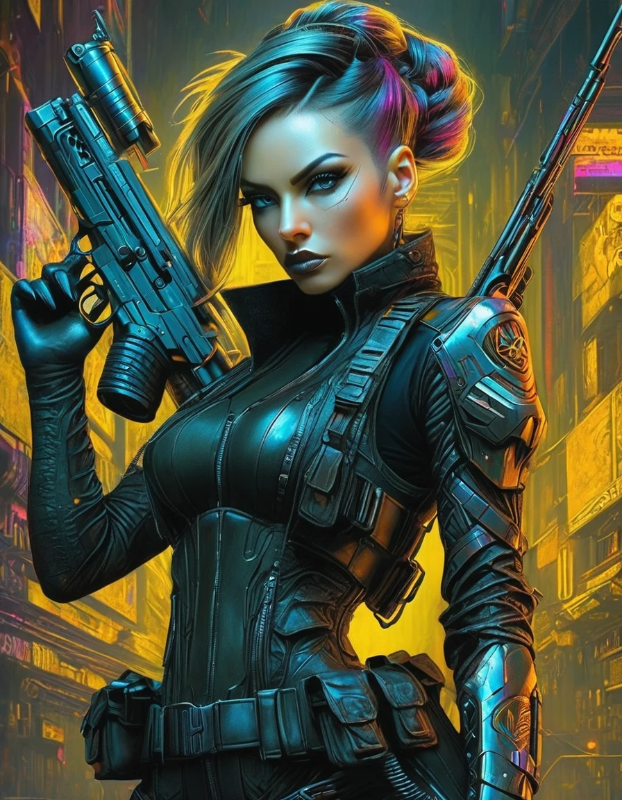 Schöner Soldat mit Gewehr，Enganliegende Kampfbekleidung，Cyberpunk，gotisch，im Stil von Amanda Sage