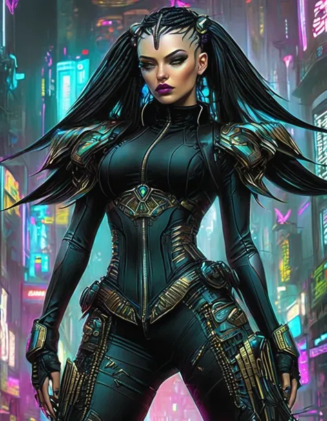 tight combat clothing，cyberpunk，gothic，in style of amanda sage