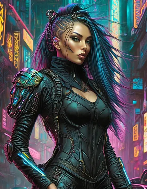 tight combat clothing，cyberpunk，gothic，in style of amanda sage