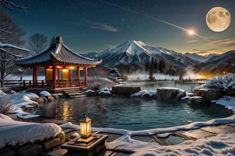 Ancient Chinese landscapes, ((hot spring)), (heavy snowfall), (Firefly), (kite), (midnight), (moon), shrine on top of a mountain...