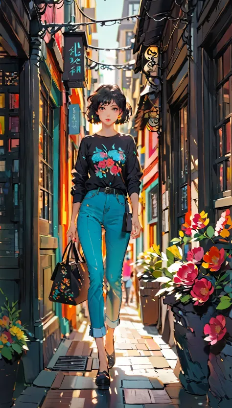 (((paper cutting style))), 1 girl, short black hair, shirts and denim, portfolio, walking through a vibrant cityscape