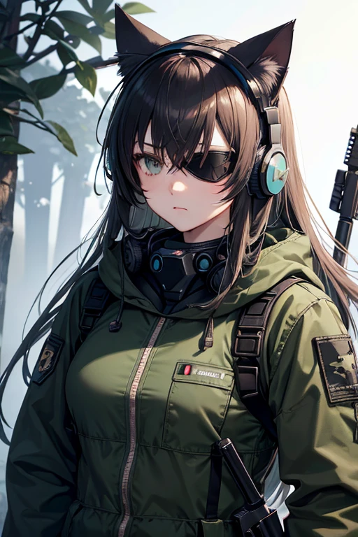 Cat ears robot girl,Equipped with an AK-47,Metal Gear Solid style,forest,camouflage,Eye patch,Military Suits,Headphones,{{masterpiece}},{{high quality} },{Super detailed},{cool},survival,