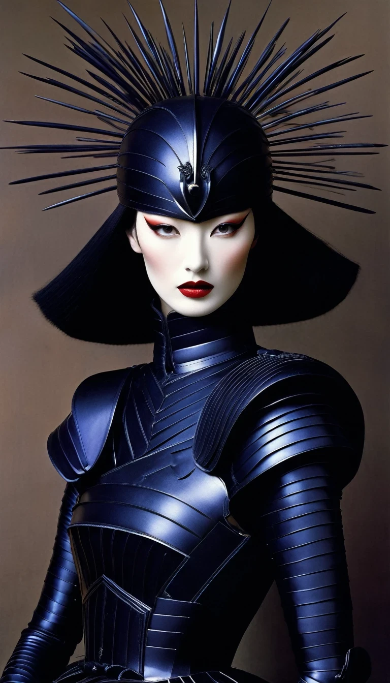 Avant-garde and elegant female warrior in tight combat uniform，Serge Lutens is known for his avant-garde elegance。His works continue to transcend the boundaries of traditional aesthetics，Combining elements of surrealism and futurism，While maintaining elegance。Lots of different weapons，Sophisticated yet provocative，background：battlefield