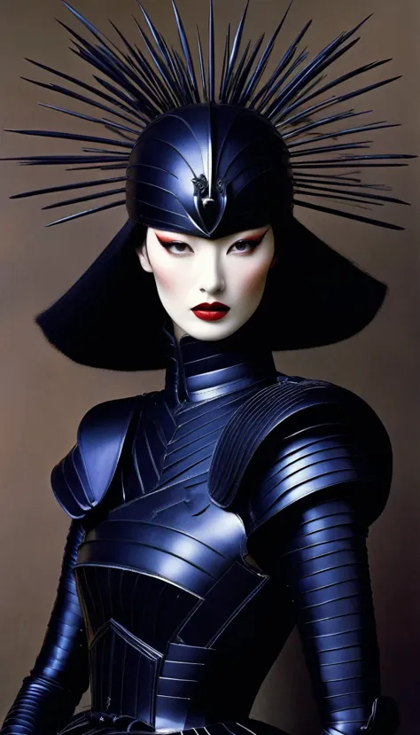 Avant-garde and elegant female warrior in tight combat uniform，Serge Lutens is known for his avant-garde elegance。His works cont...